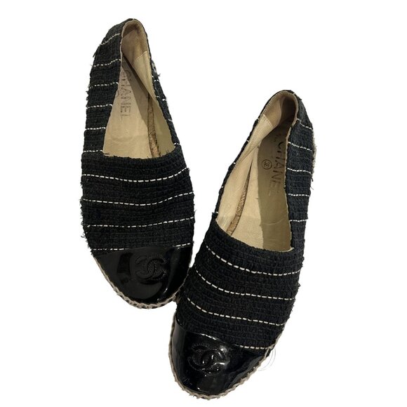 CHANEL Classic Tweed Patent Cap Toe Espadrilles in Black - Picture 1 of 6